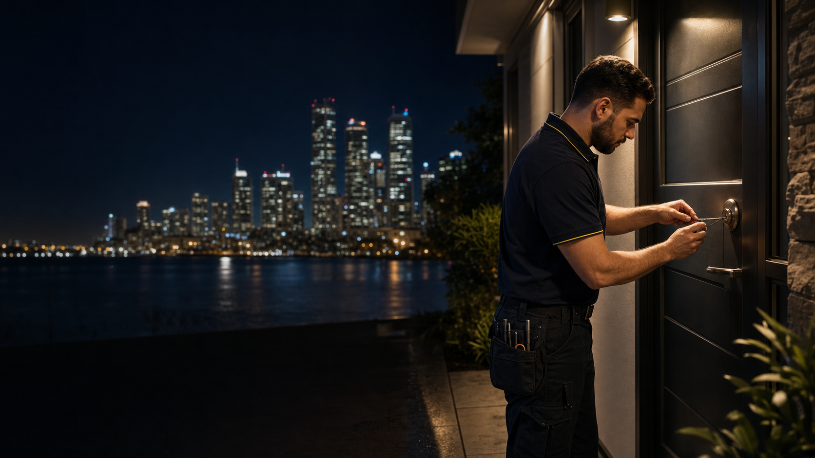 Professional locksmith unlocking a front door at night with the Perth skyline behind